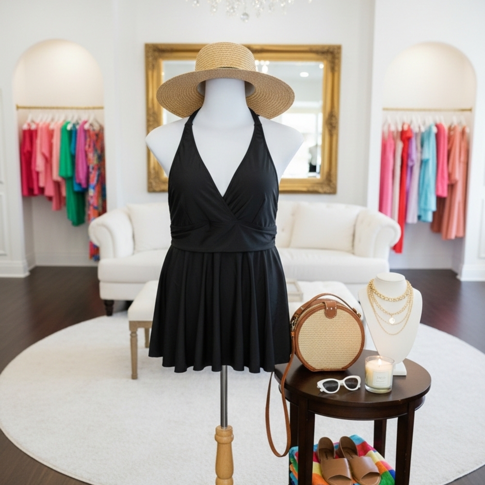 Black Halter Swim Dress One-Piece | Plus Size 2XL